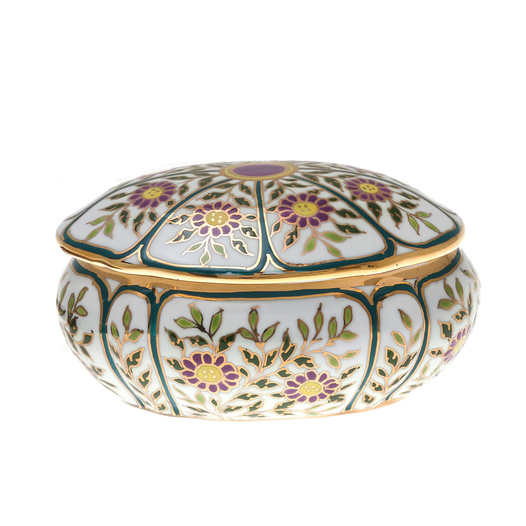 Violet Motif Gilded Porcelain Decorative Box from Thailand - Benjarong Violets