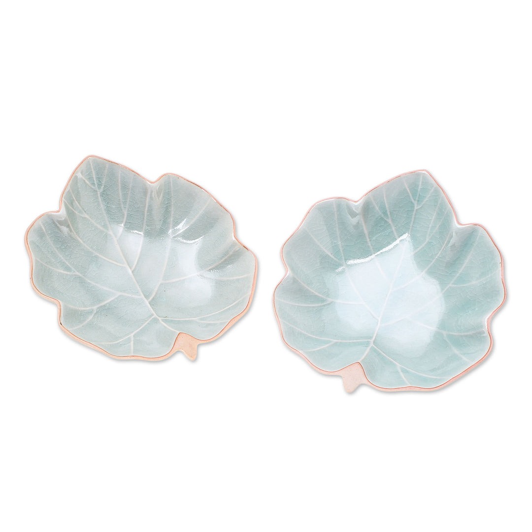 Leaf-Shaped Celadon Ceramic Serving Bowls (Pair) - Ivy Leaves