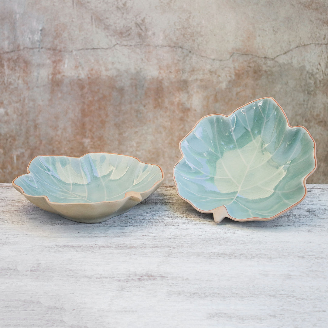 Leaf-Shaped Celadon Ceramic Serving Bowls (Pair) - Ivy Leaves