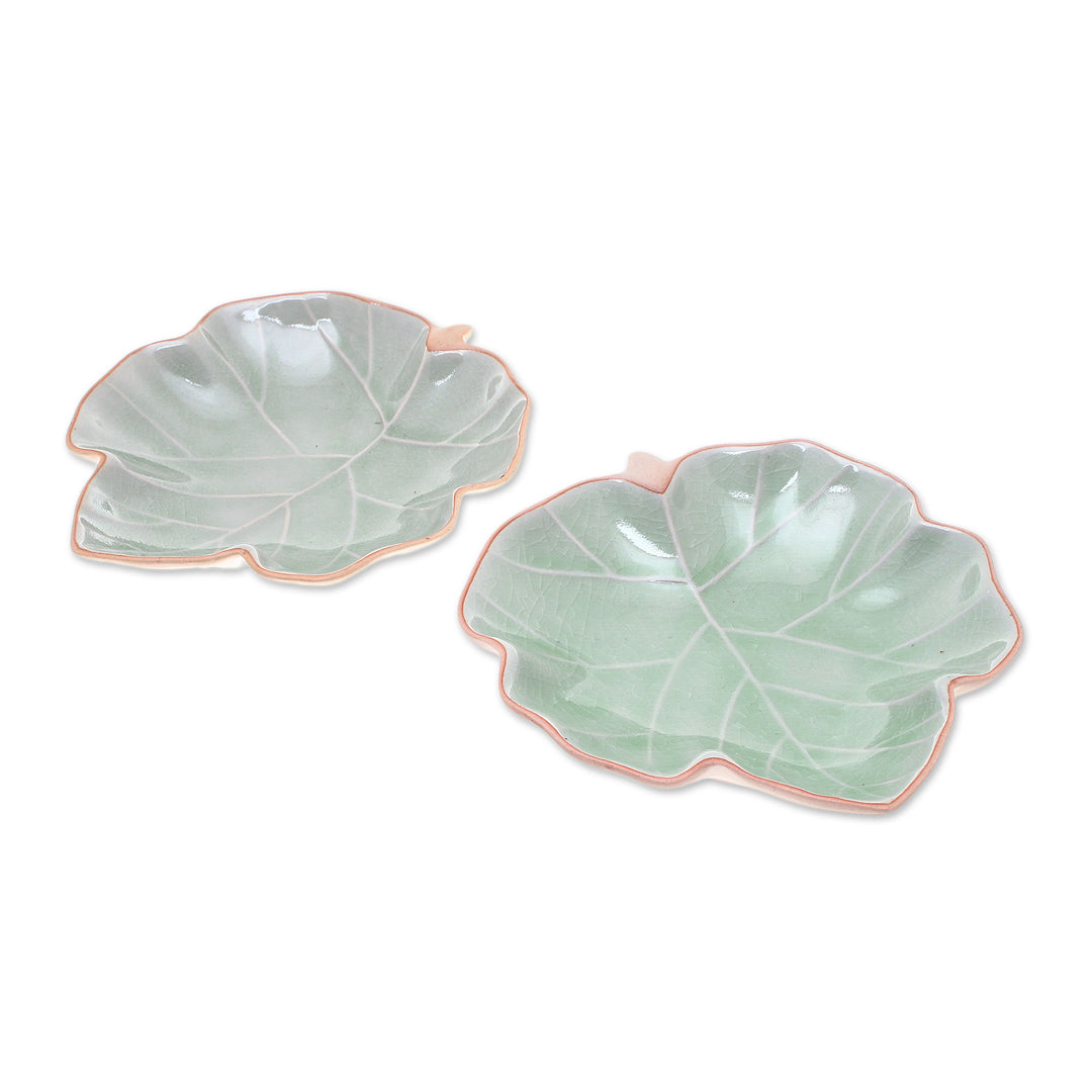 Leaf-Shaped Celadon Ceramic Serving Bowls (Pair) - Ivy Leaves