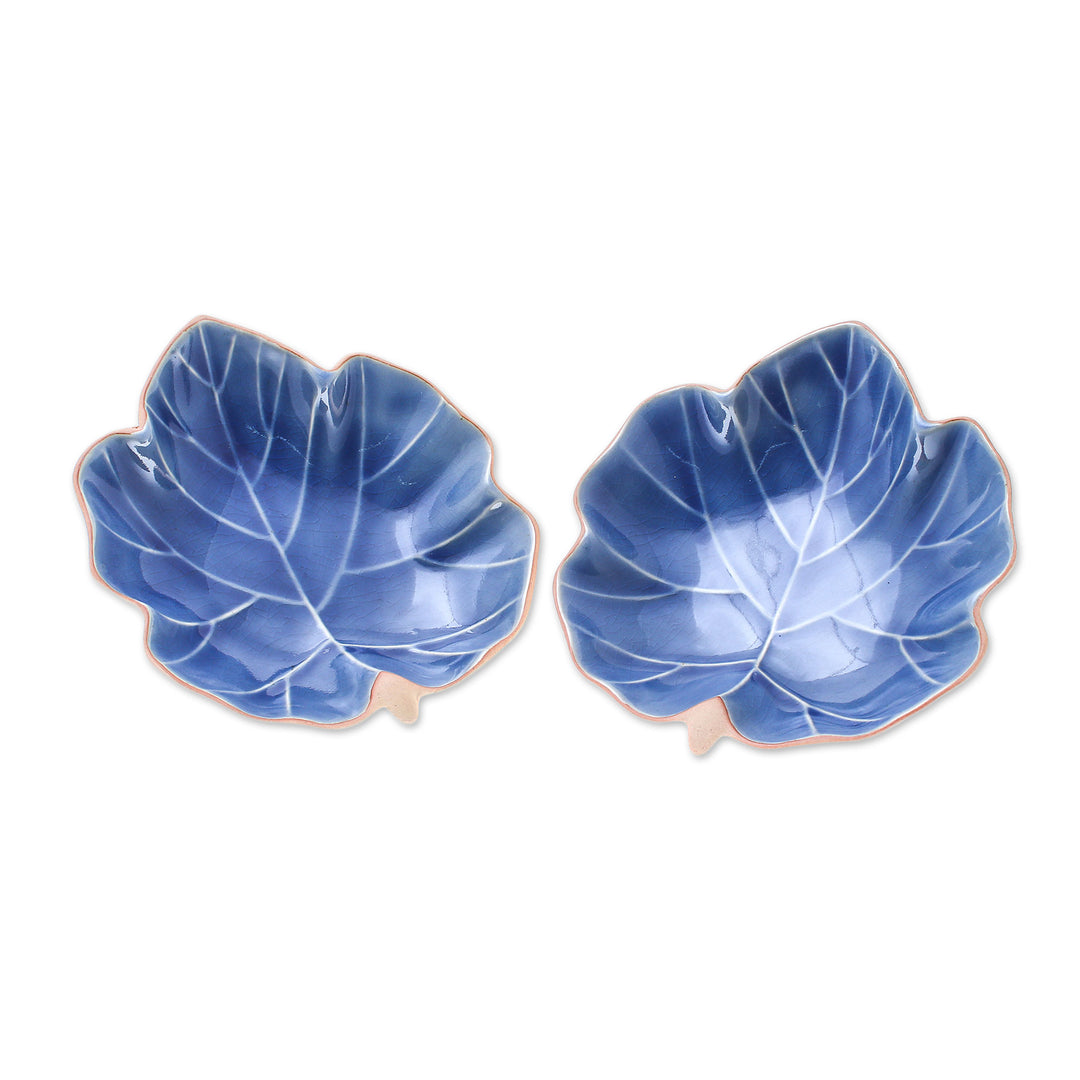 Leaf-Shaped Blue Ceramic Serving Bowls from Thailand (Pair) - Ivy Leaves