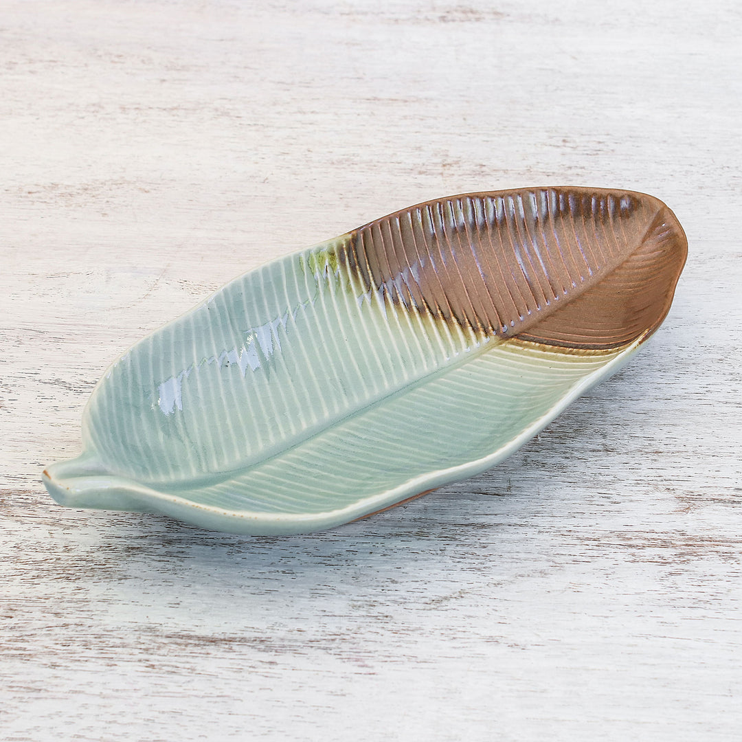 Leaf-Shaped Celadon Ceramic Platter from Thailand - Nature Present