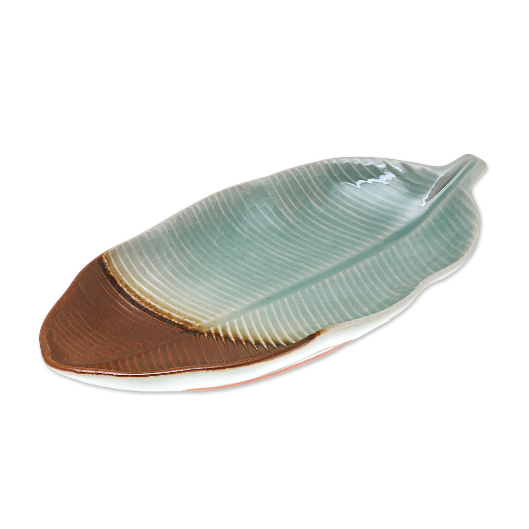 Leaf-Shaped Celadon Ceramic Platter from Thailand - Nature Present