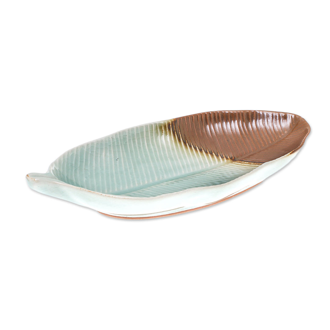 Leaf-Shaped Celadon Ceramic Platter from Thailand - Nature Present