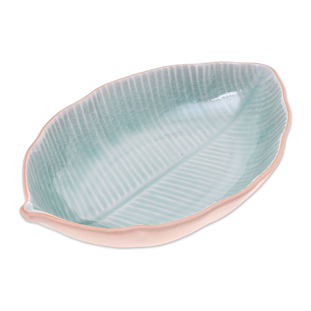 Leaf-Shaped Celadon Ceramic Serving Bowl from Thailand - Thai Leaf