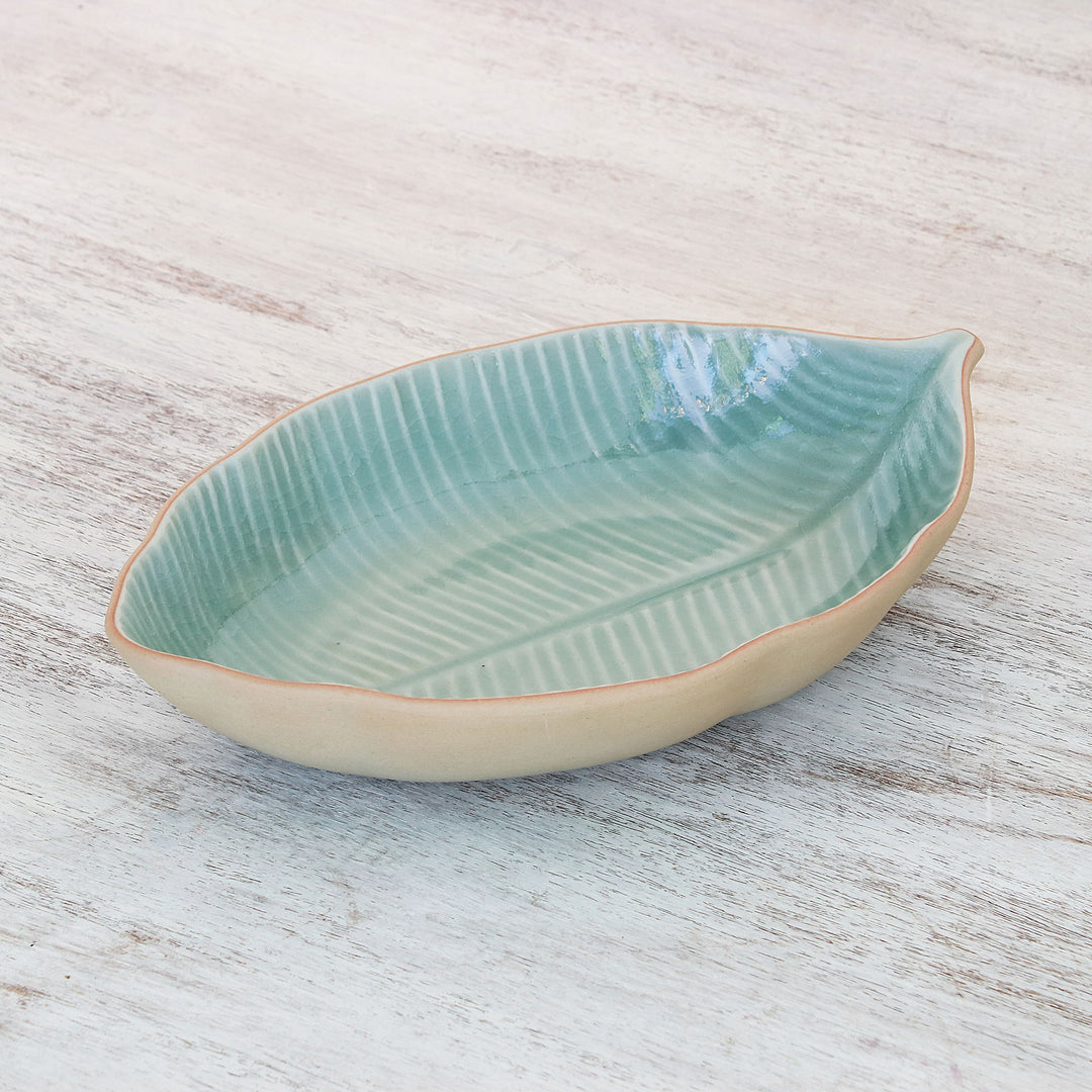 Leaf-Shaped Celadon Ceramic Serving Bowl from Thailand - Thai Leaf