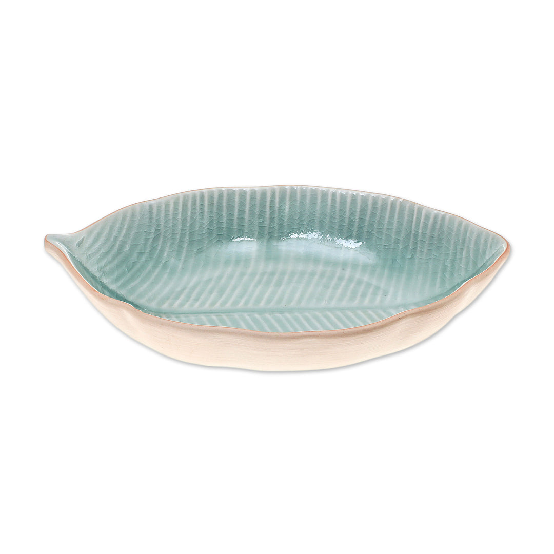 Leaf-Shaped Celadon Ceramic Serving Bowl from Thailand - Thai Leaf
