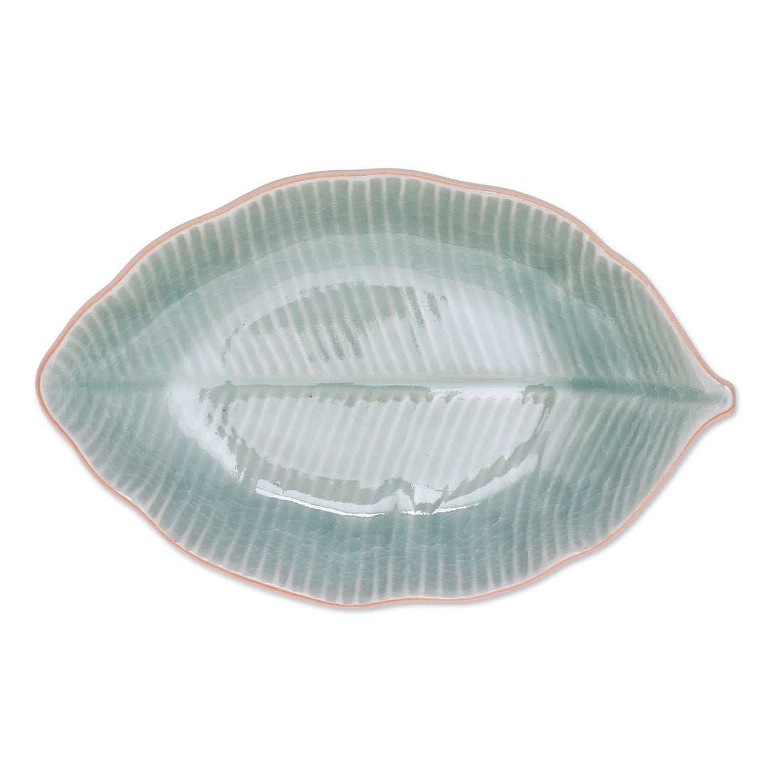 Leaf-Shaped Celadon Ceramic Serving Bowl from Thailand - Thai Leaf