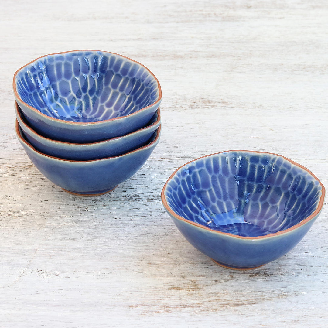 Blue Ceramic Appetizer Bowls from Thailand (Set of 4) - Sunflower Dream