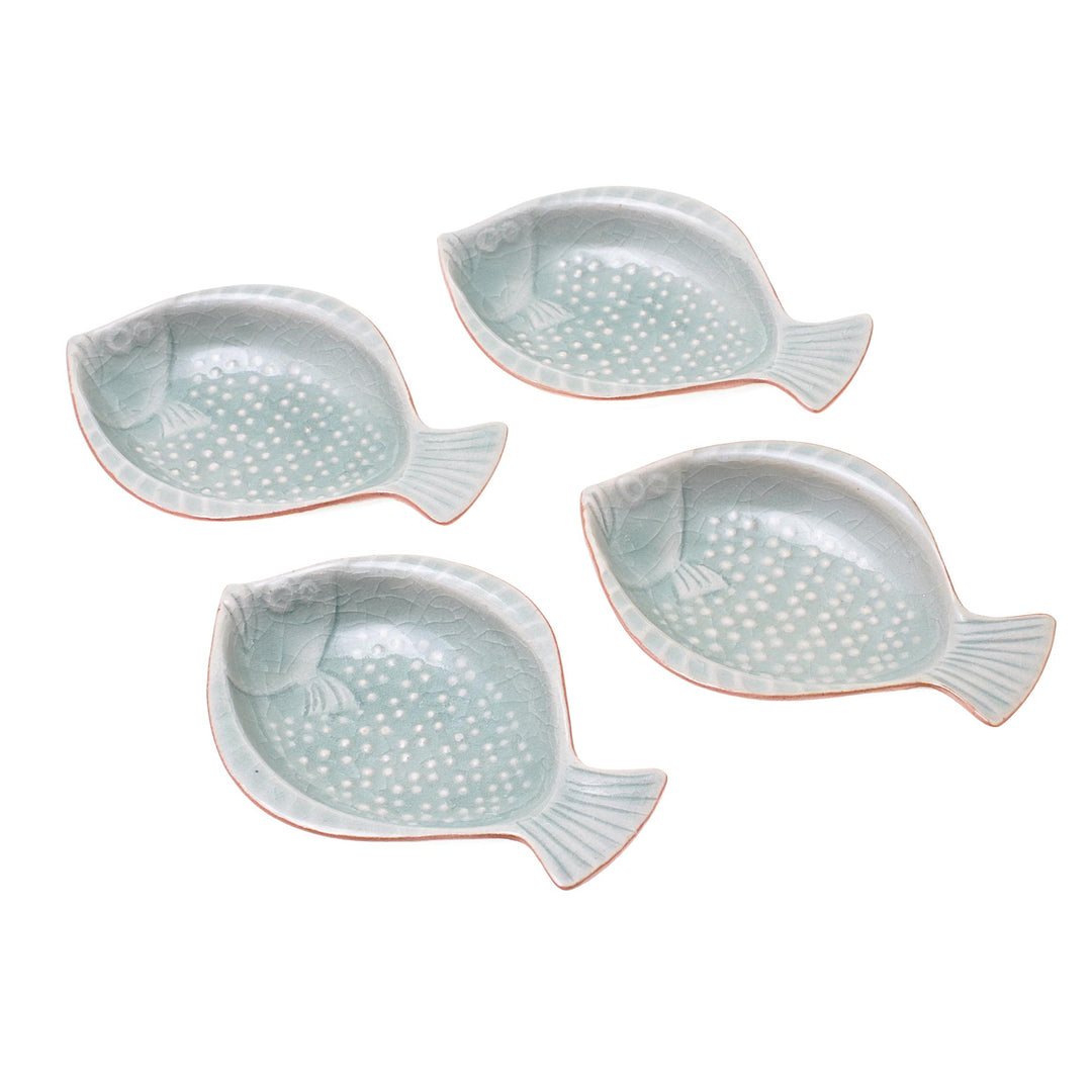 Handcrafted Celadon Ceramic Fish Appetizer Dishes (Set of 4) - Spotted Swimmers