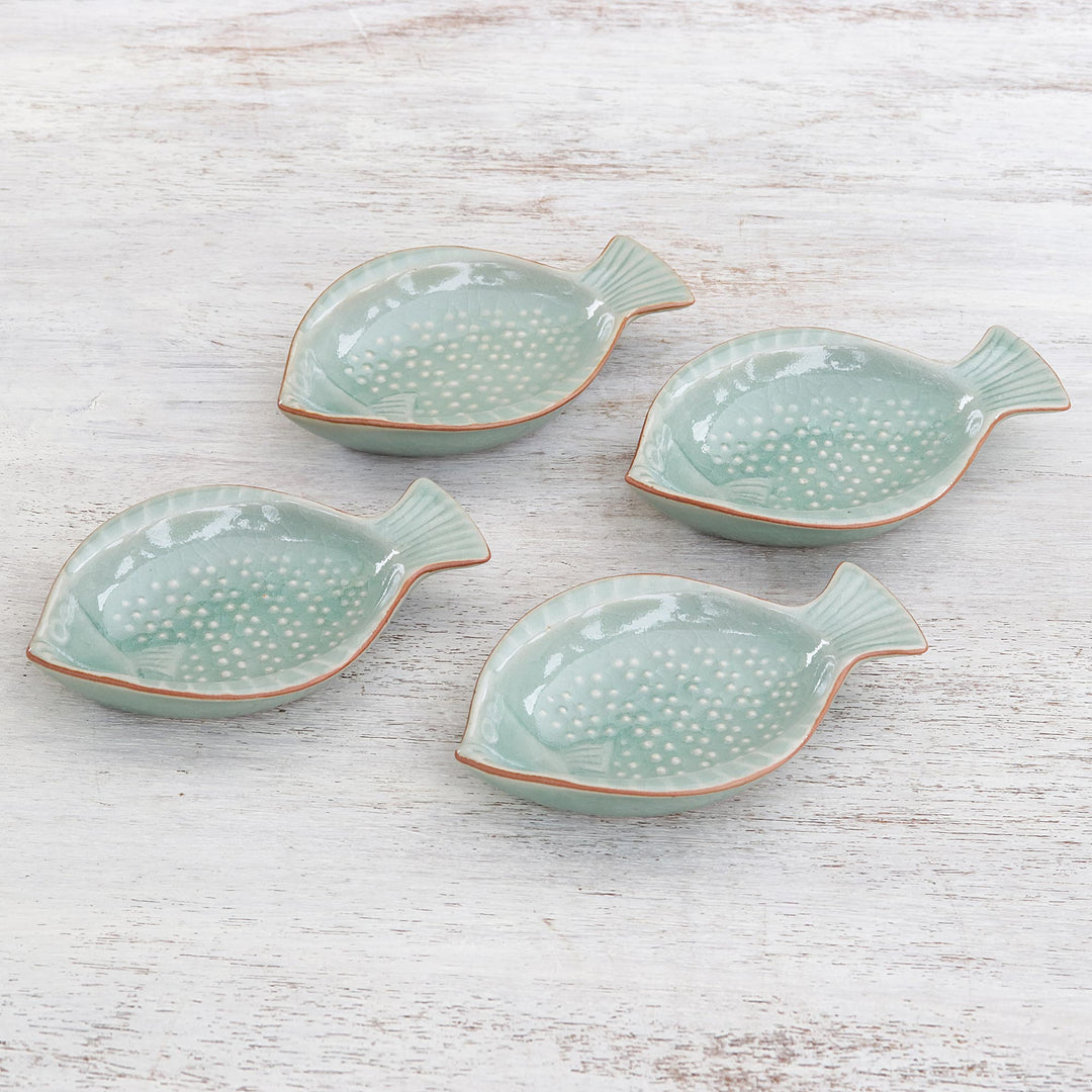 Handcrafted Celadon Ceramic Fish Appetizer Dishes (Set of 4) - Spotted Swimmers