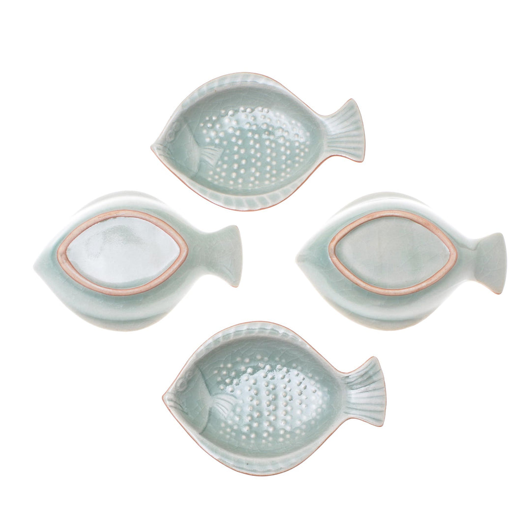 Handcrafted Celadon Ceramic Fish Appetizer Dishes (Set of 4) - Spotted Swimmers