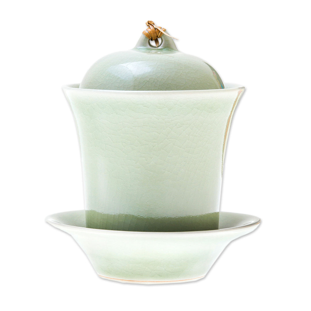Handcrafted Celadon Green Ceramic Soup Cup Lid Saucer Set - Cup of Comfort in Green