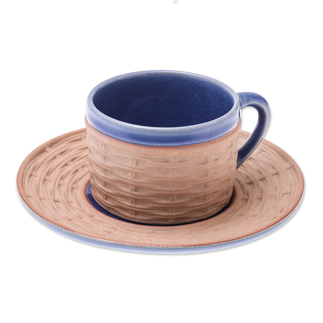Handcrafted Wicker Motif Blue Ceramic Cup and Saucer - Wicker in Blue