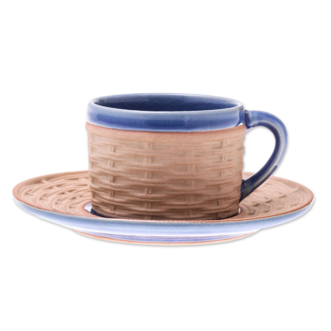 Handcrafted Wicker Motif Blue Ceramic Cup and Saucer - Wicker in Blue