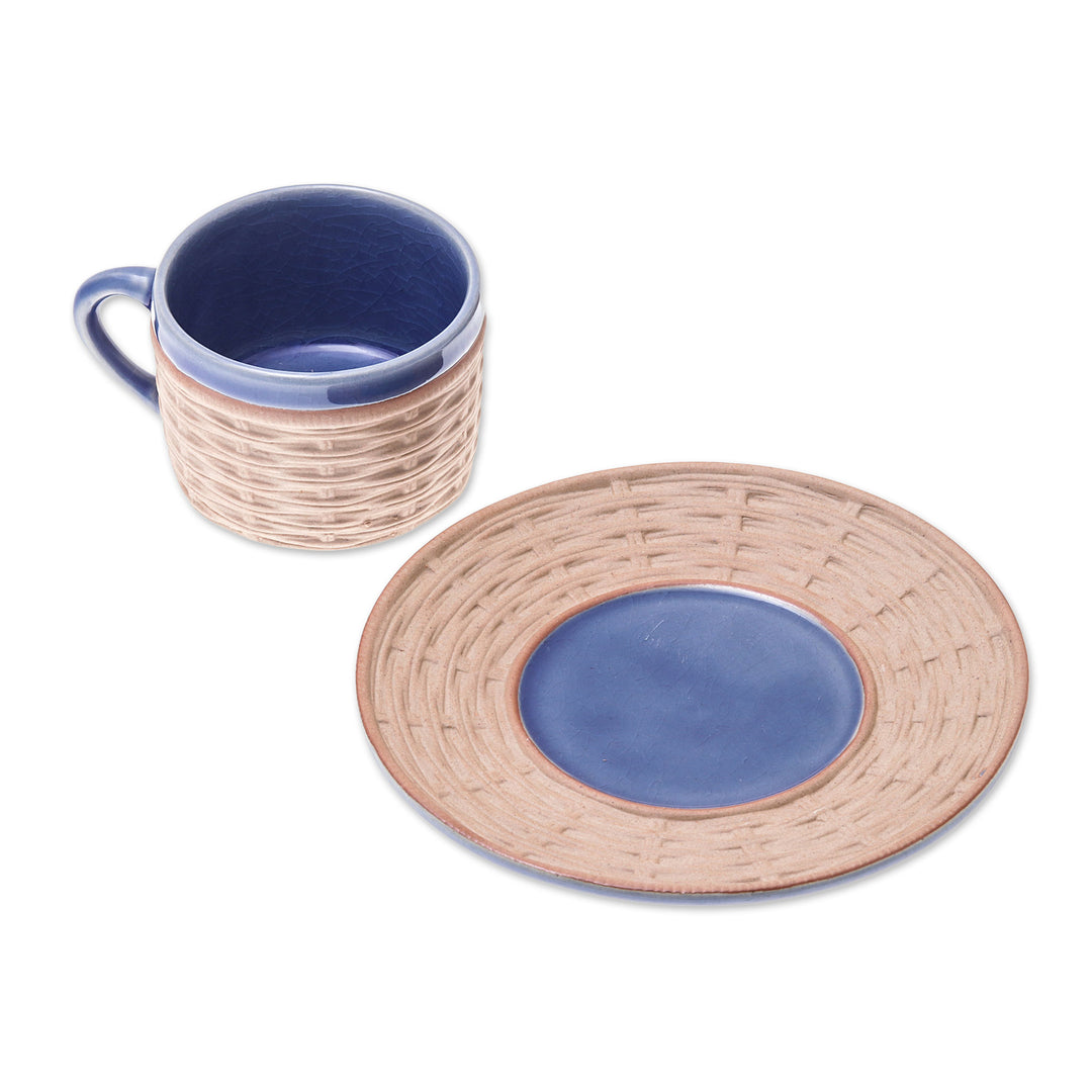 Handcrafted Wicker Motif Blue Ceramic Cup and Saucer - Wicker in Blue