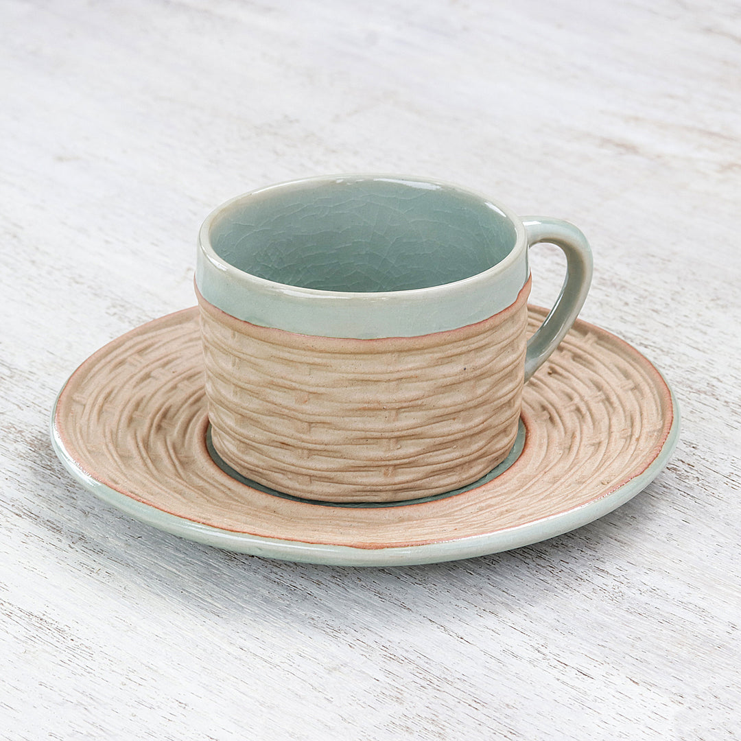 Handcrafted Wicker Motif Celadon Ceramic Cup and Saucer - Wicker in Green