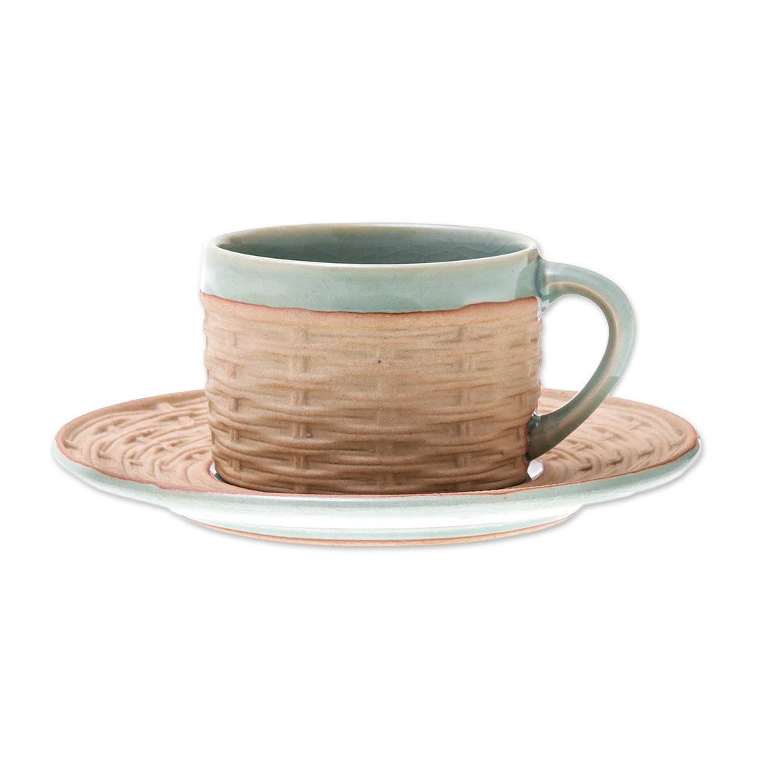 Handcrafted Wicker Motif Celadon Ceramic Cup and Saucer - Wicker in Green