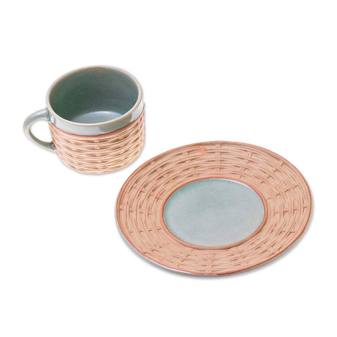 Handcrafted Wicker Motif Celadon Ceramic Cup and Saucer - Wicker in Green