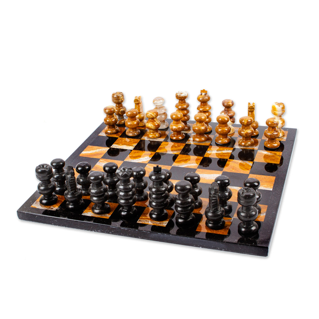 Brown and Black Marble Chess Set Crafted in Mexico - Earthen Challenge