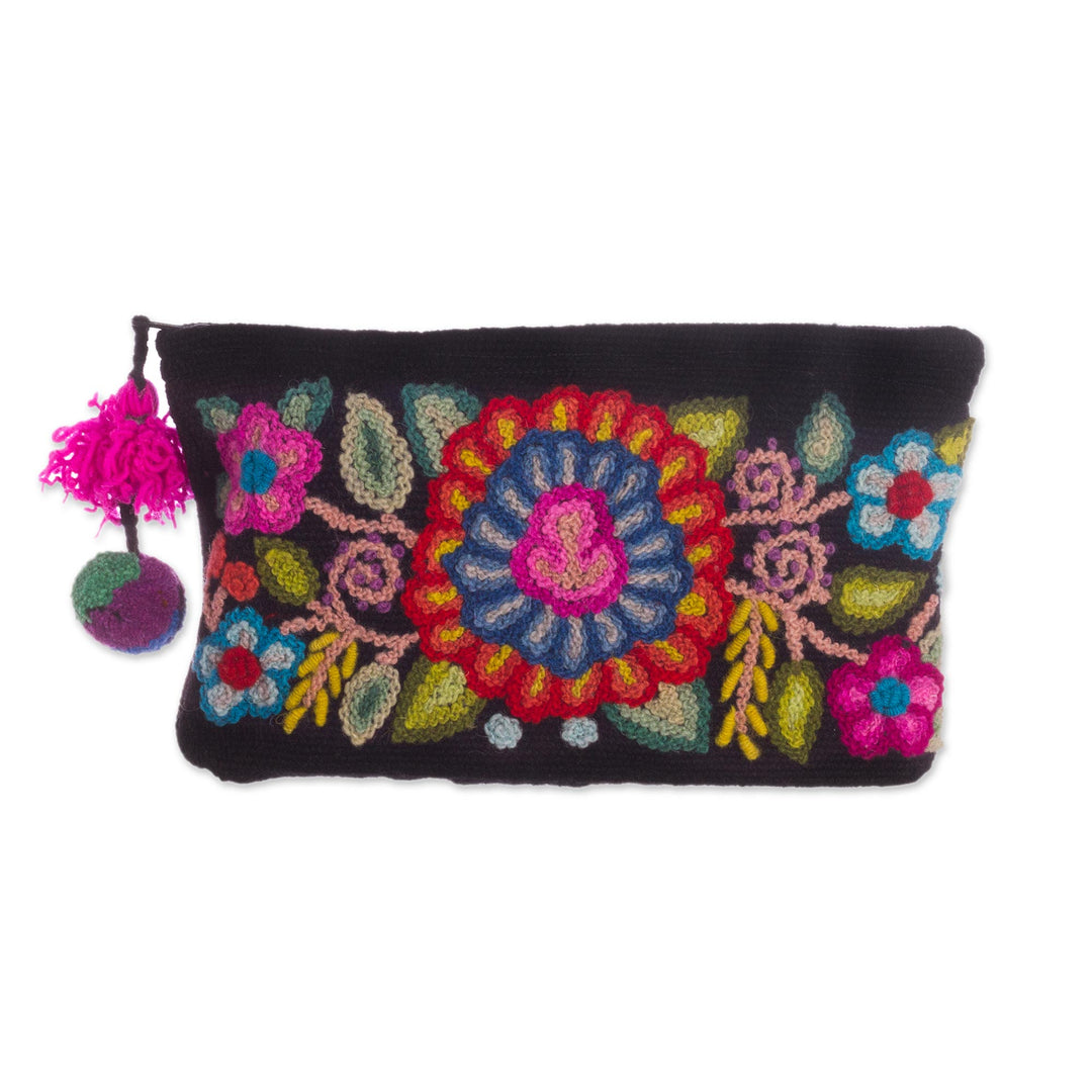 Handmade Floral 100% Alpaca Clutch in Black from Peru - Andean Bouquet