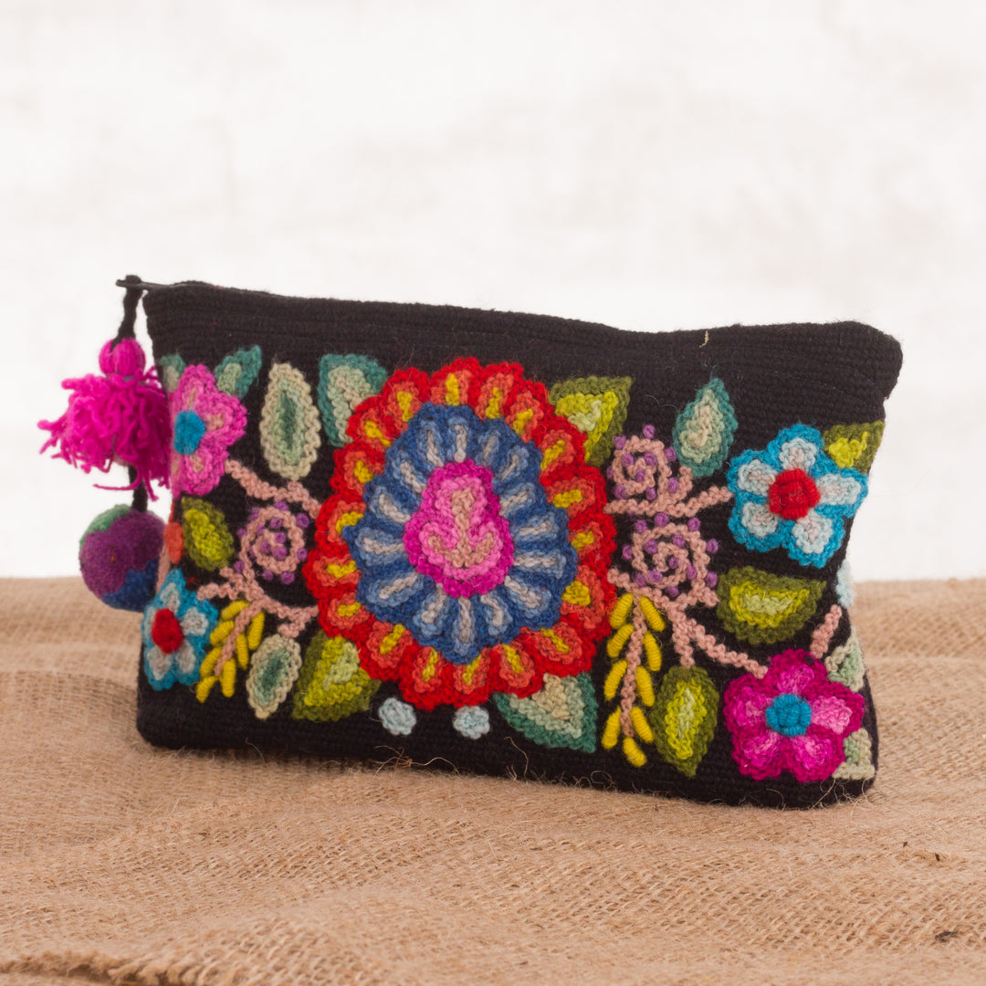 Handmade Floral 100% Alpaca Clutch in Black from Peru - Andean Bouquet