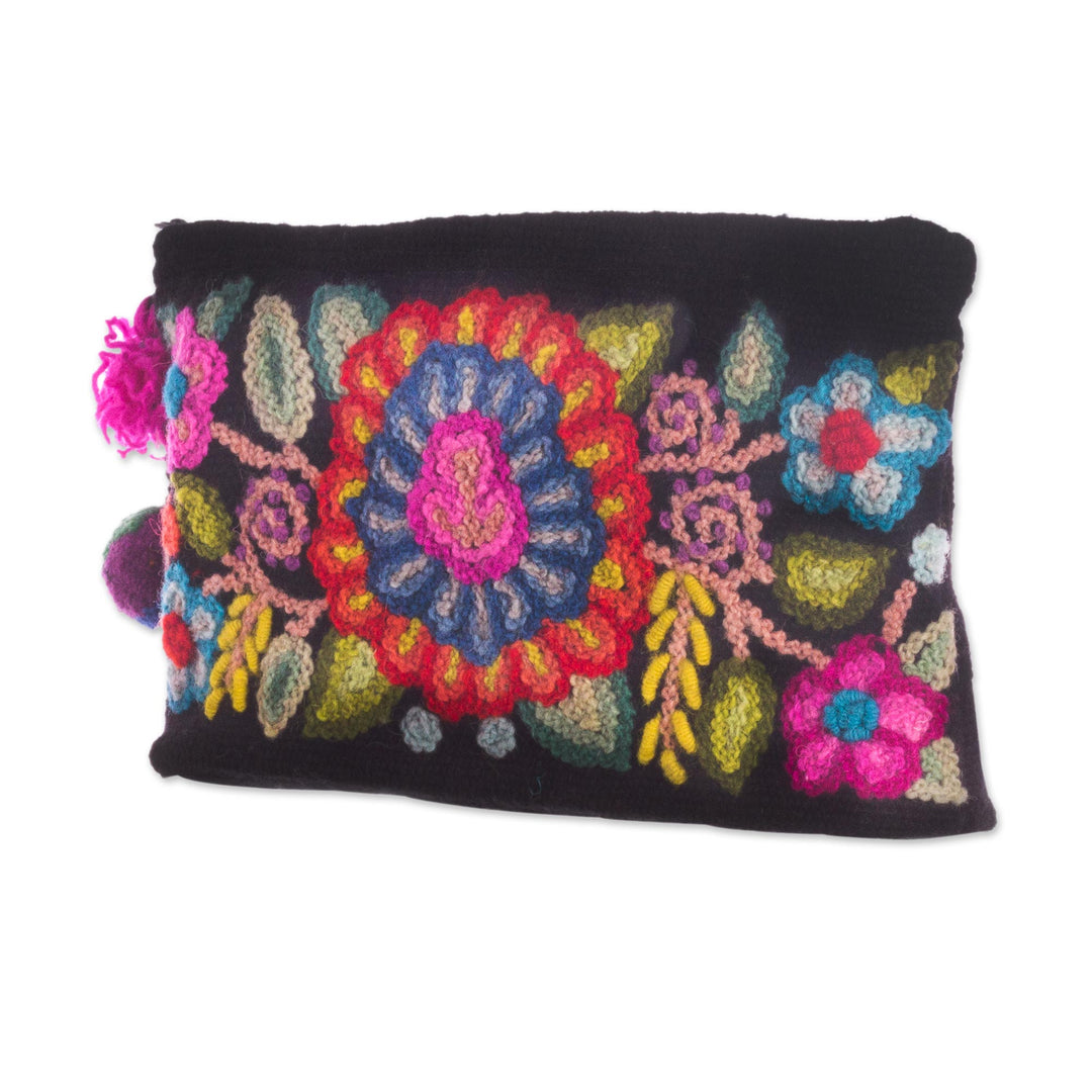 Handmade Floral 100% Alpaca Clutch in Black from Peru - Andean Bouquet