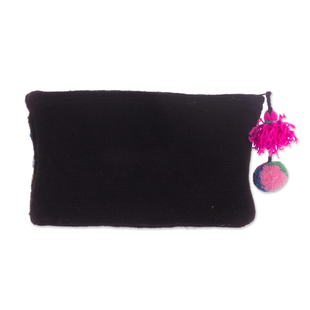 Handmade Floral 100% Alpaca Clutch in Black from Peru - Andean Bouquet