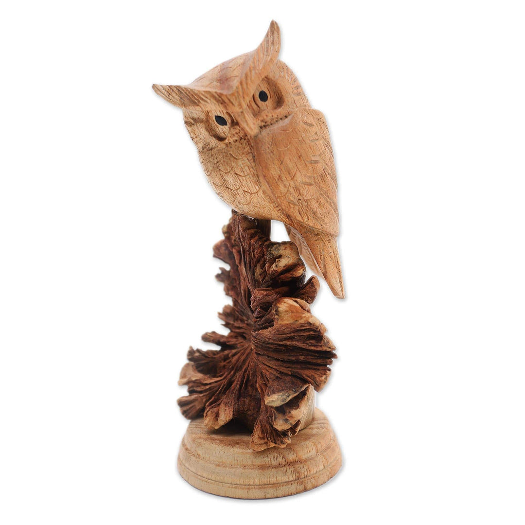 Jempinis Wood Owl Sculpture from Bali - Perched Owl