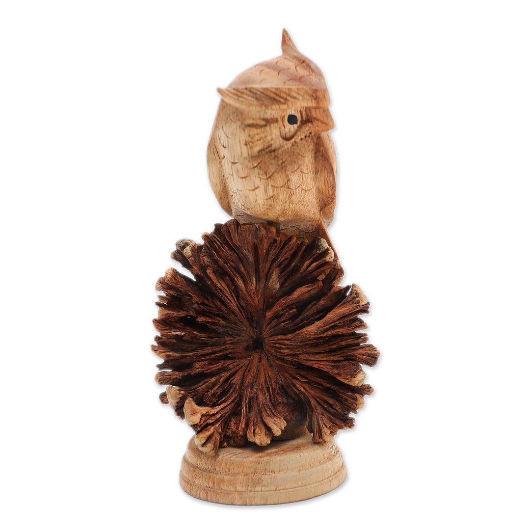 Jempinis Wood Owl Sculpture from Bali - Perched Owl