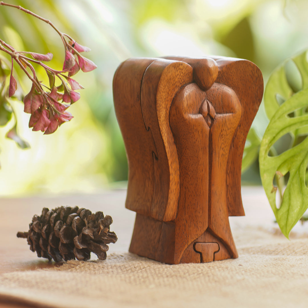 Handmade Suar Wood Angel Puzzle Box from Bali - Angelic Protection