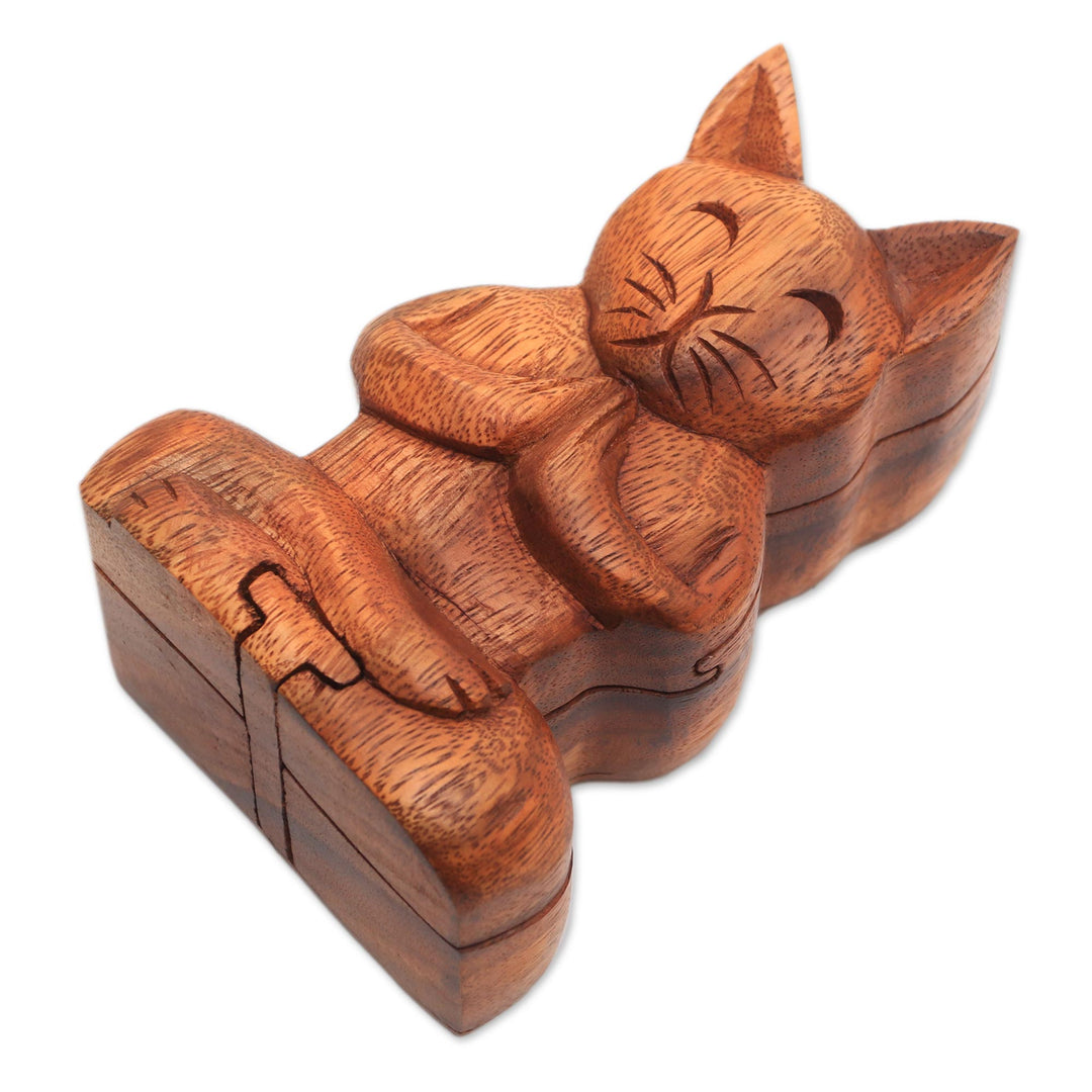 Handmade Suar Wood Cat Puzzle Box from Bali - Meditating Cat