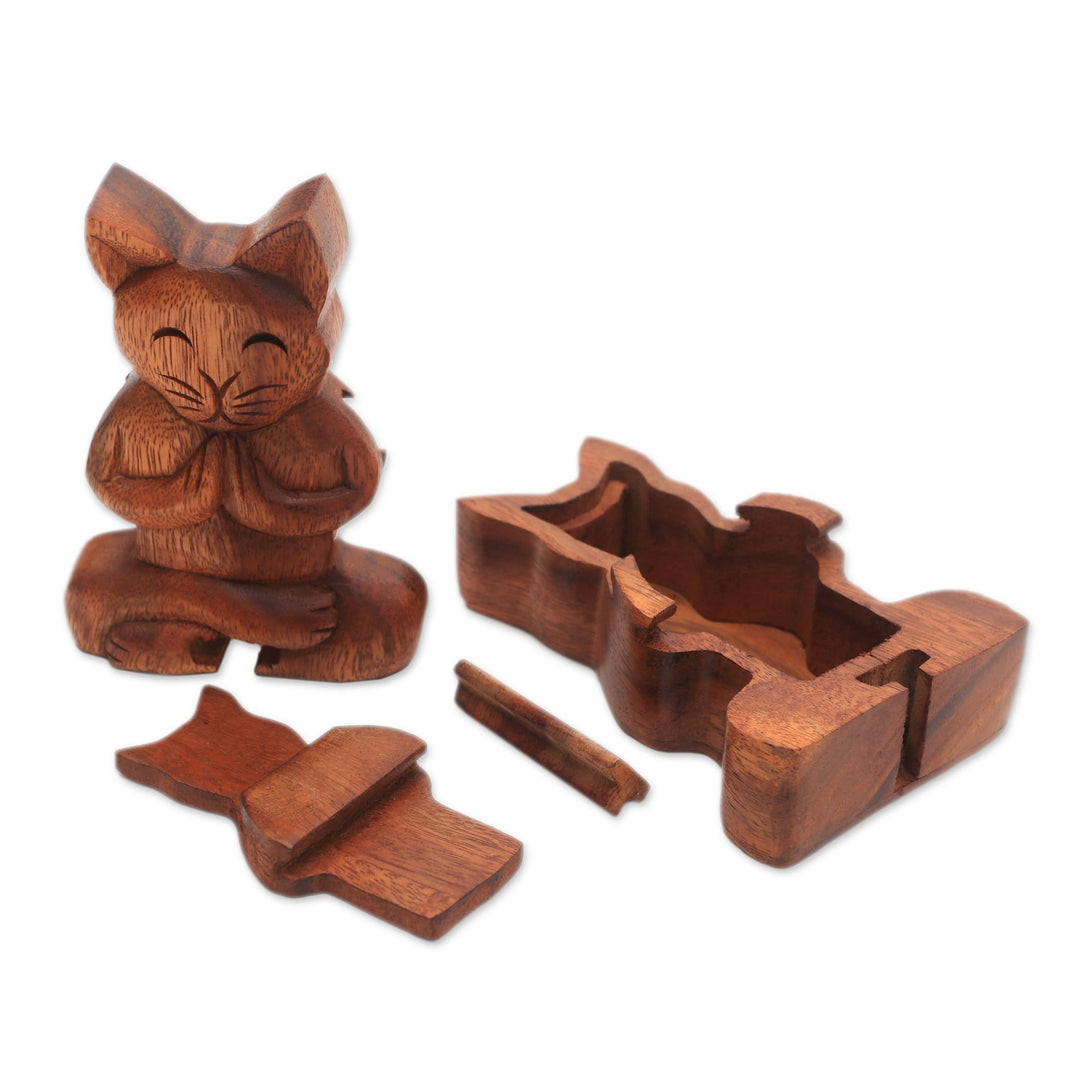 Handmade Suar Wood Cat Puzzle Box from Bali - Meditating Cat