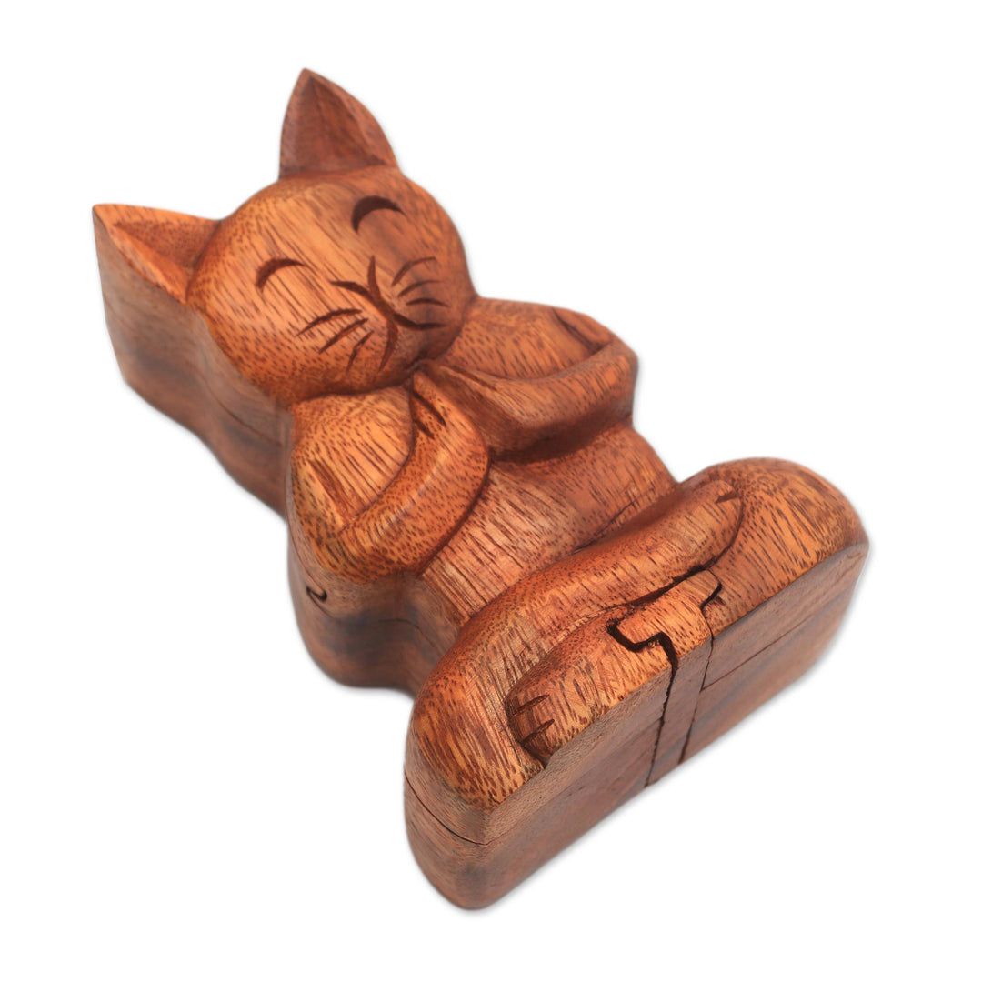 Handmade Suar Wood Cat Puzzle Box from Bali - Meditating Cat