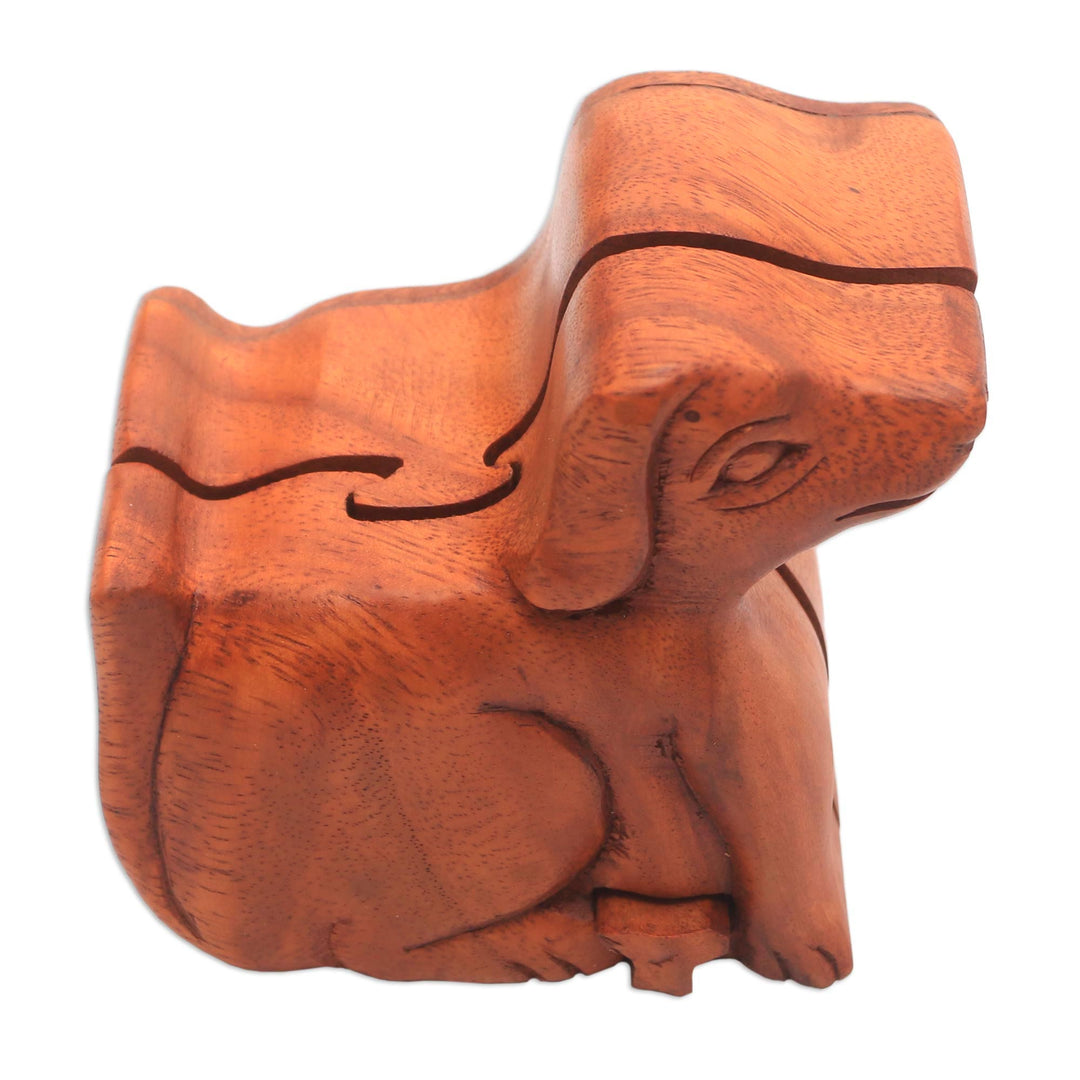 Handmade Suar Wood Dog Puzzle Box from Bali - Playful Dog
