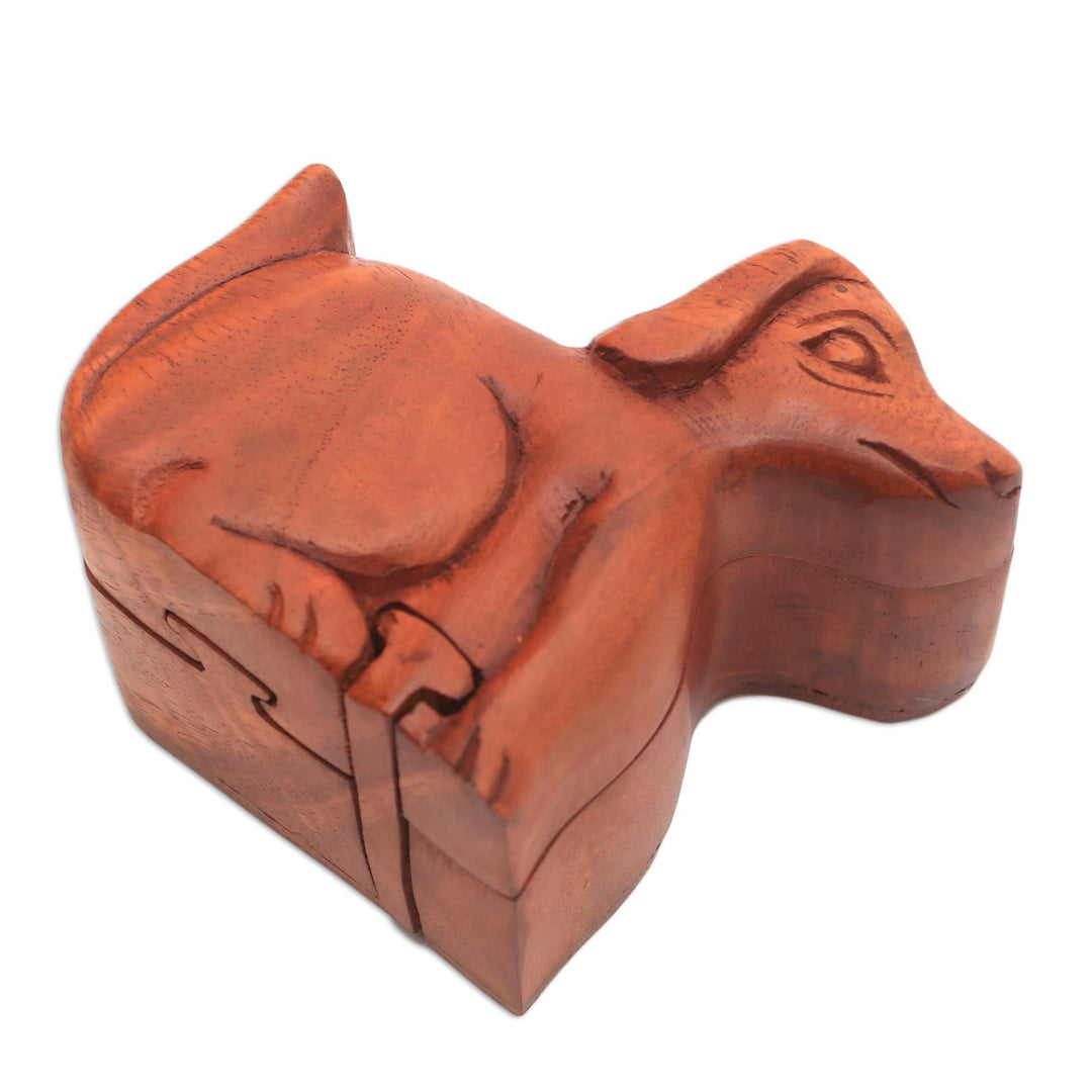 Handmade Suar Wood Dog Puzzle Box from Bali - Playful Dog