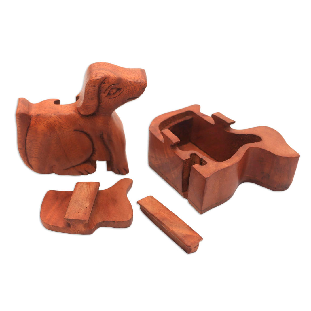 Handmade Suar Wood Dog Puzzle Box from Bali - Playful Dog