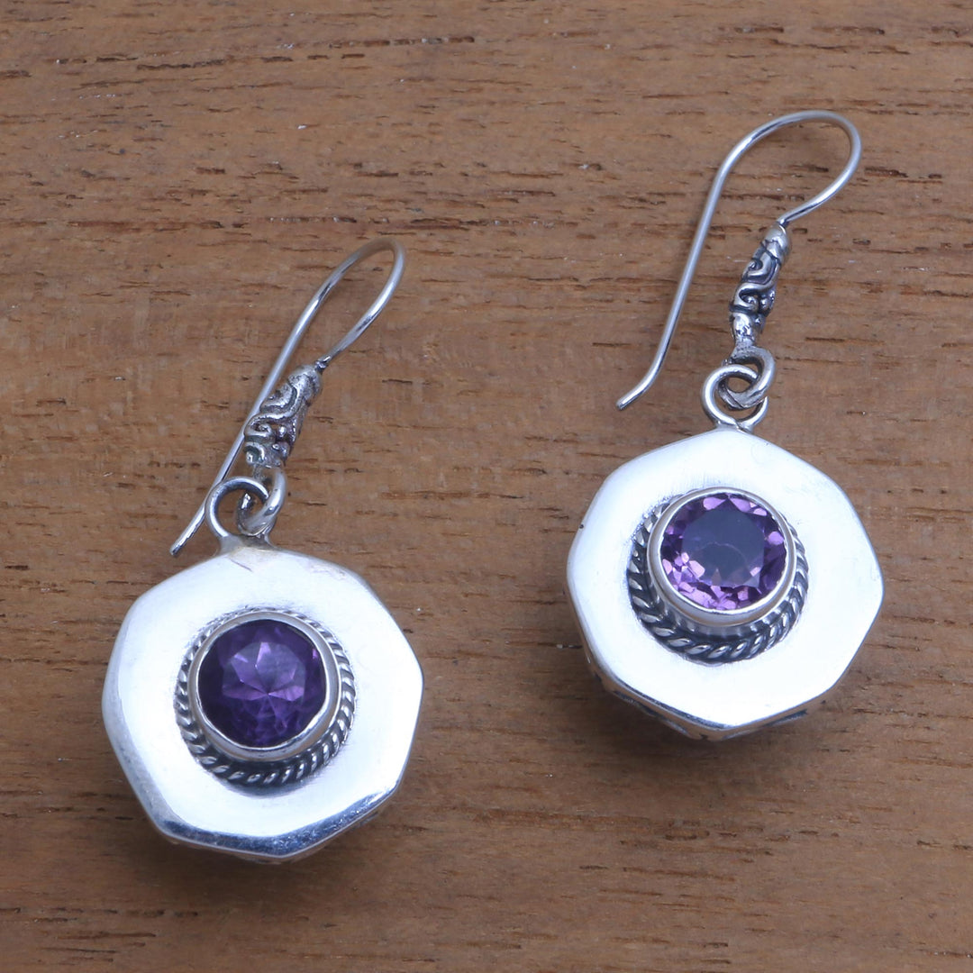 Circular Amethyst Dangle Earrings from Bali - Gleaming Lanterns