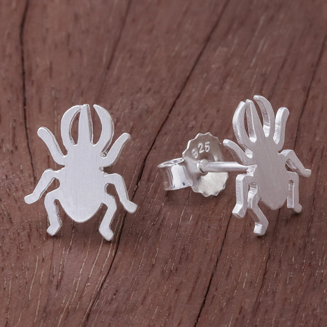 Sterling Silver Beetle Stud Earrings from Thailand - Hercules Beetle