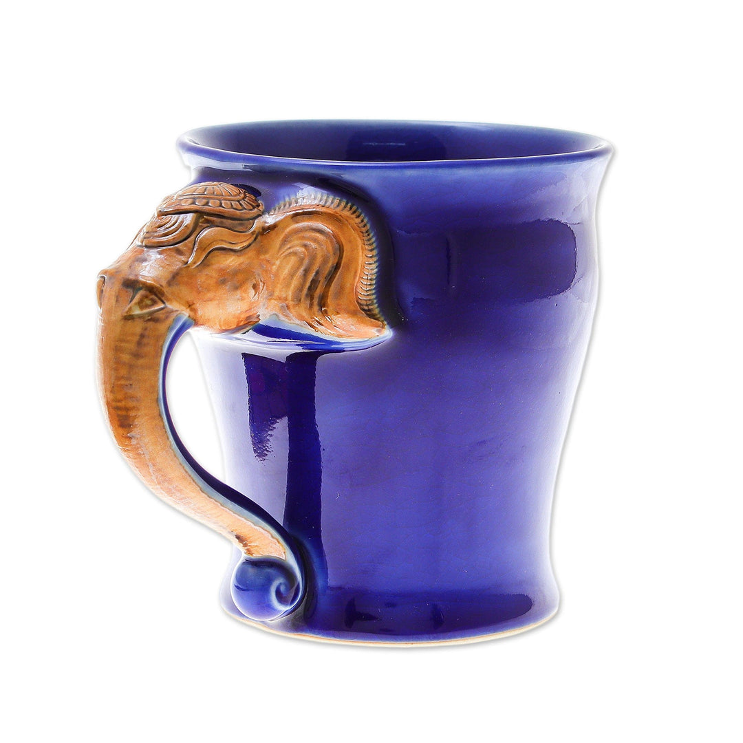 Celadon Ceramic Elephant Mug in Blue from Thailand (10 oz.) - Elephant Handle in Blue