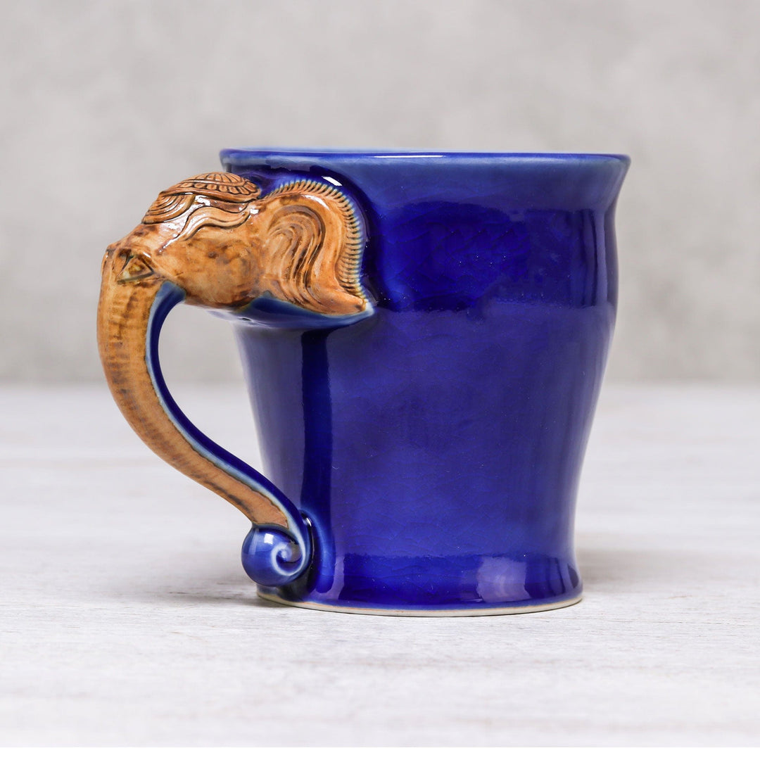 Celadon Ceramic Elephant Mug in Blue from Thailand (10 oz.) - Elephant Handle in Blue