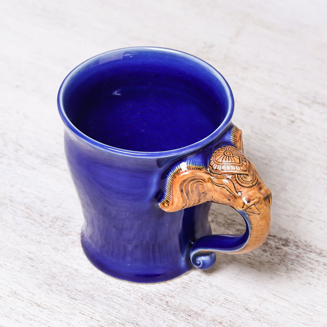 Celadon Ceramic Elephant Mug in Blue from Thailand (10 oz.) - Elephant Handle in Blue