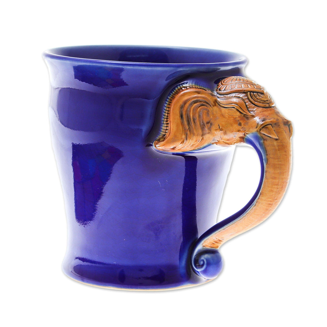 Celadon Ceramic Elephant Mug in Blue from Thailand (10 oz.) - Elephant Handle in Blue