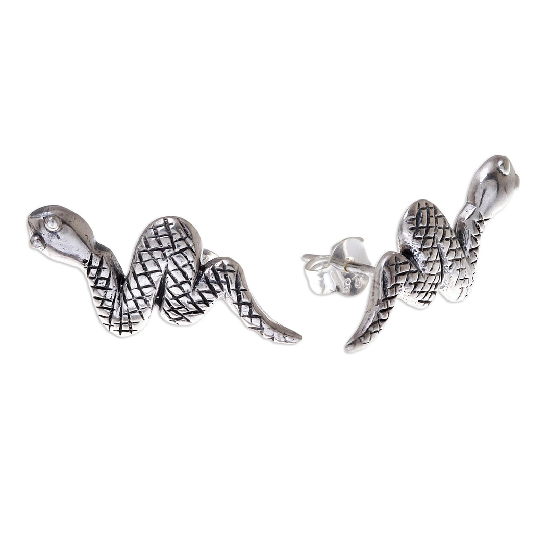Sterling Silver Snake Button Earrings from Thailand - Cute Snakes