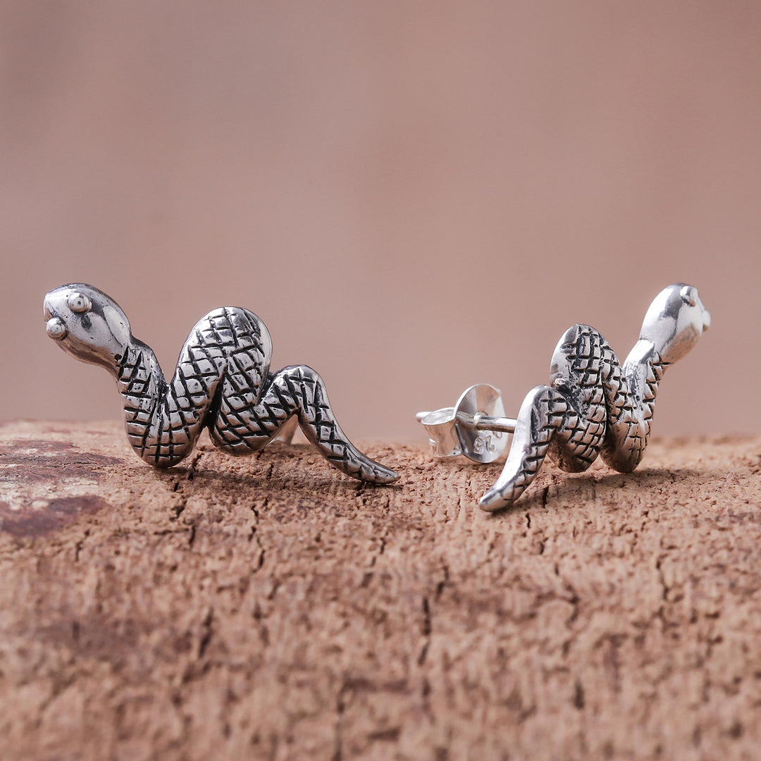 Sterling Silver Snake Button Earrings from Thailand - Cute Snakes