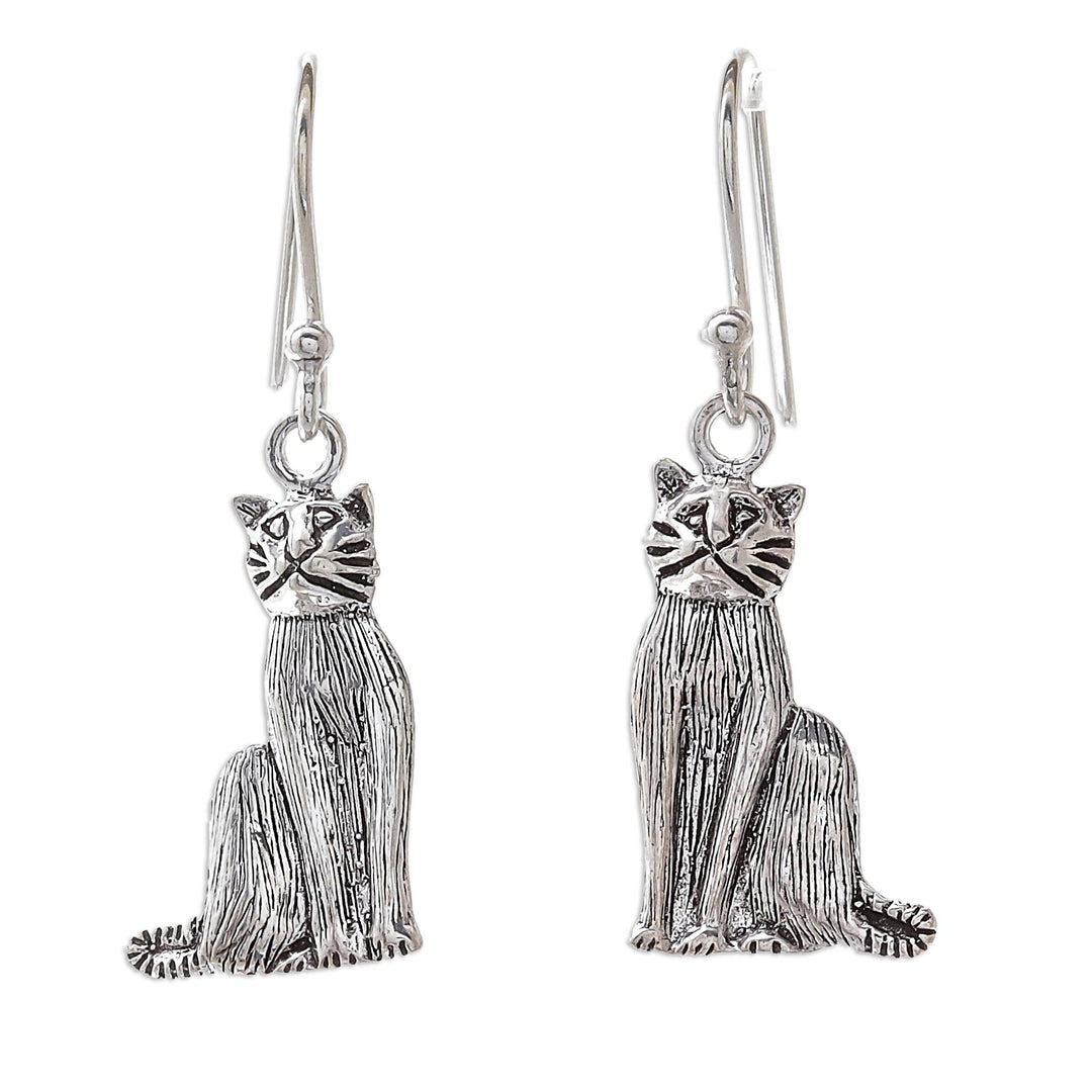 Sterling Silver Cat Dangle Earrings from Thailand - Mister Cat