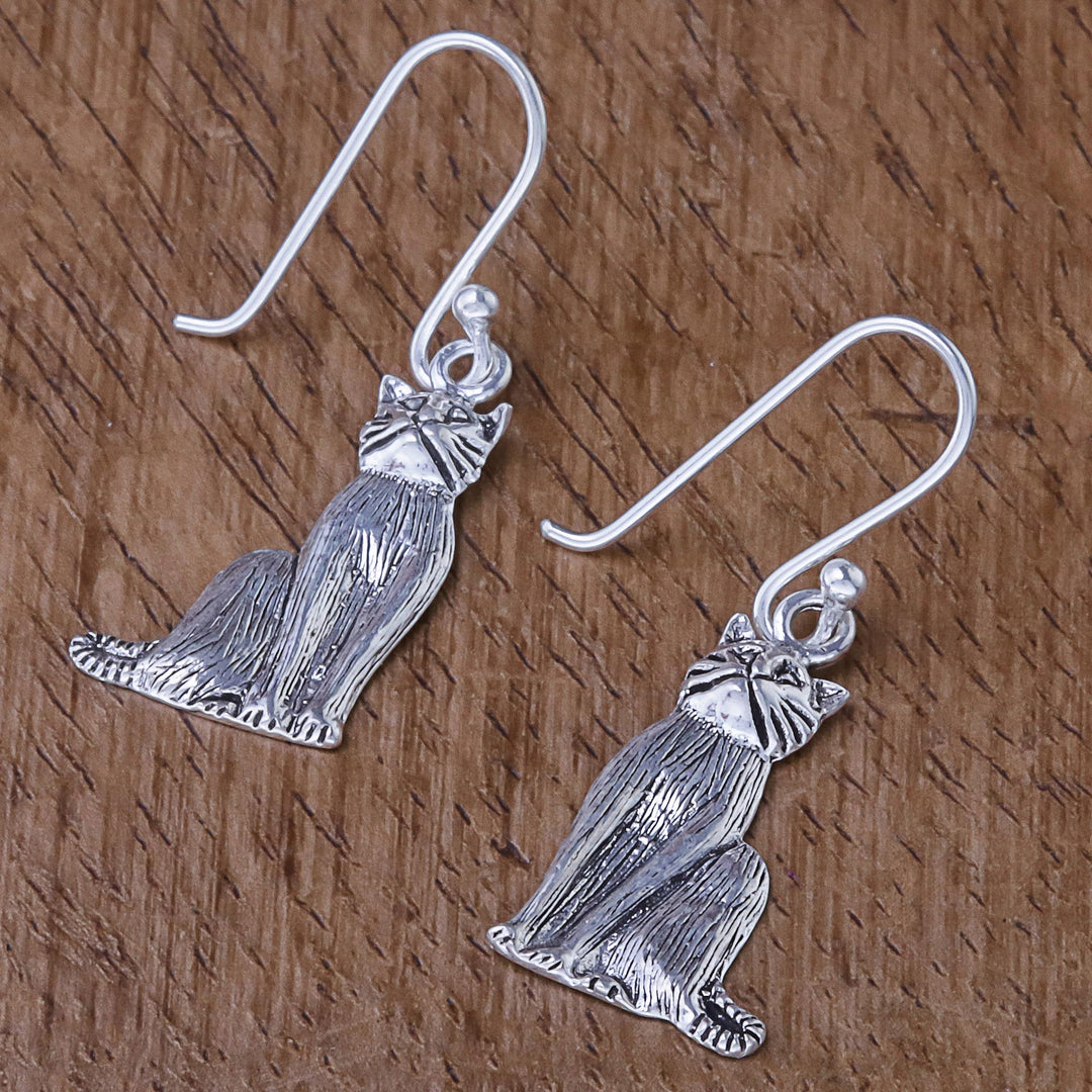 Sterling Silver Cat Dangle Earrings from Thailand - Mister Cat