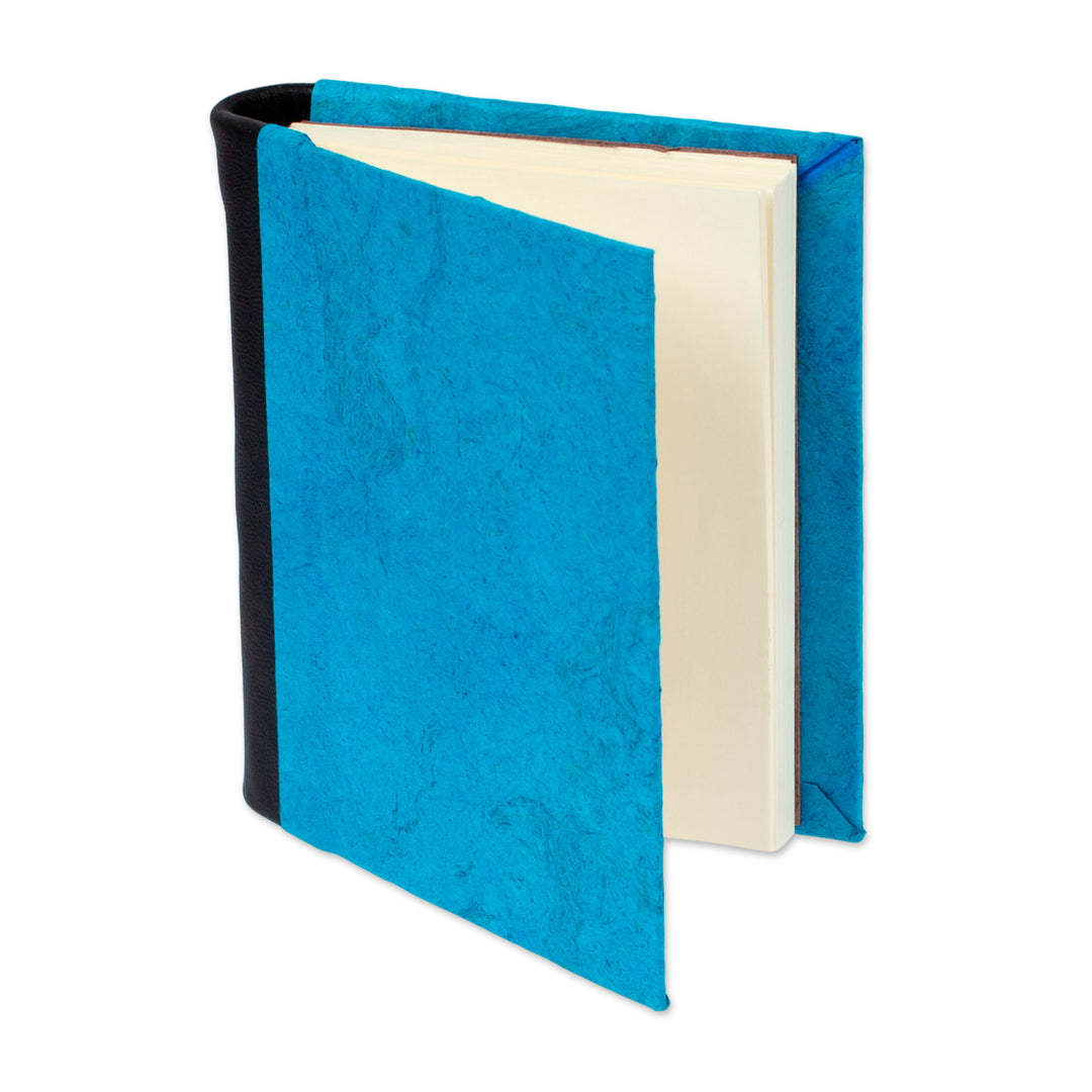 Leather Accent Recycled Paper Journal in Blue from Mexico - Sky Memories