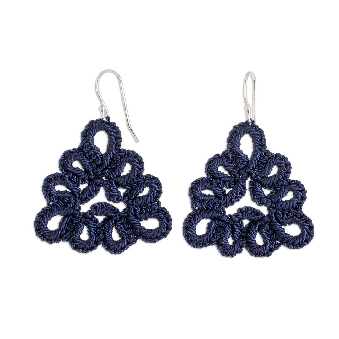 Hand-Tatted Dangle Earrings in Indigo from Guatemala - Petal Essence in Indigo