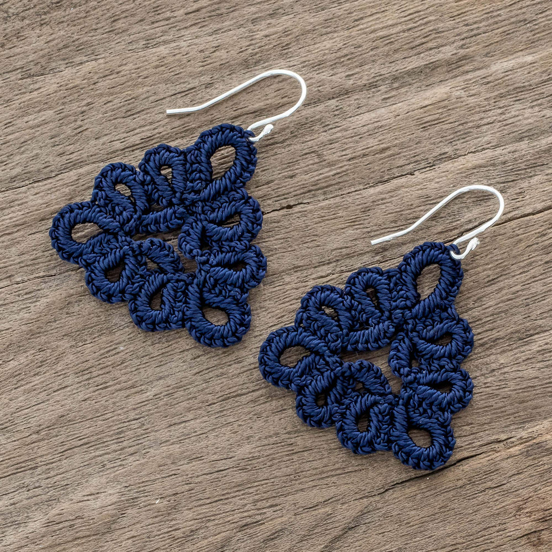 Hand-Tatted Dangle Earrings in Indigo from Guatemala - Petal Essence in Indigo